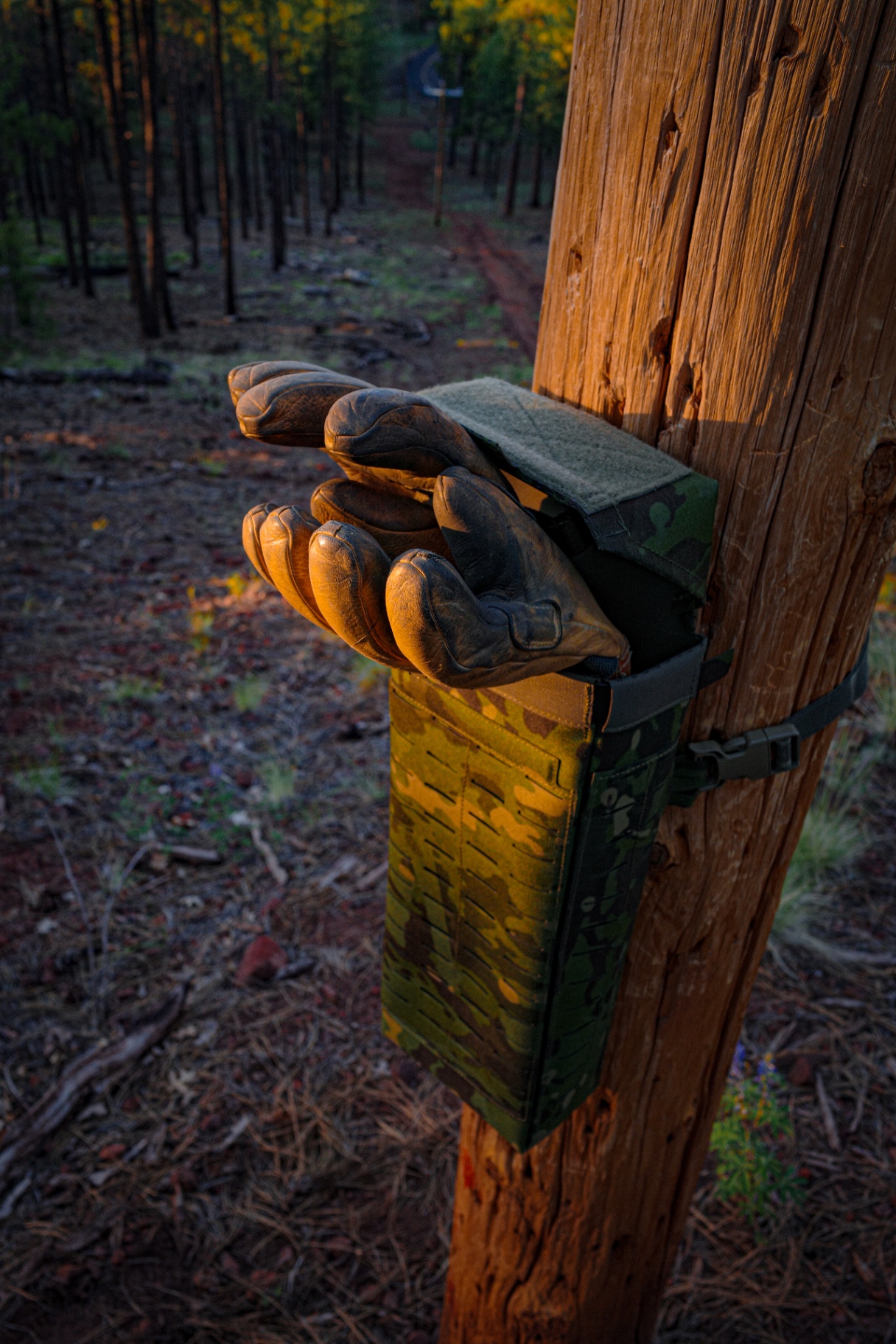 Leather lineman gloves stowed in the open glove bag on a pole