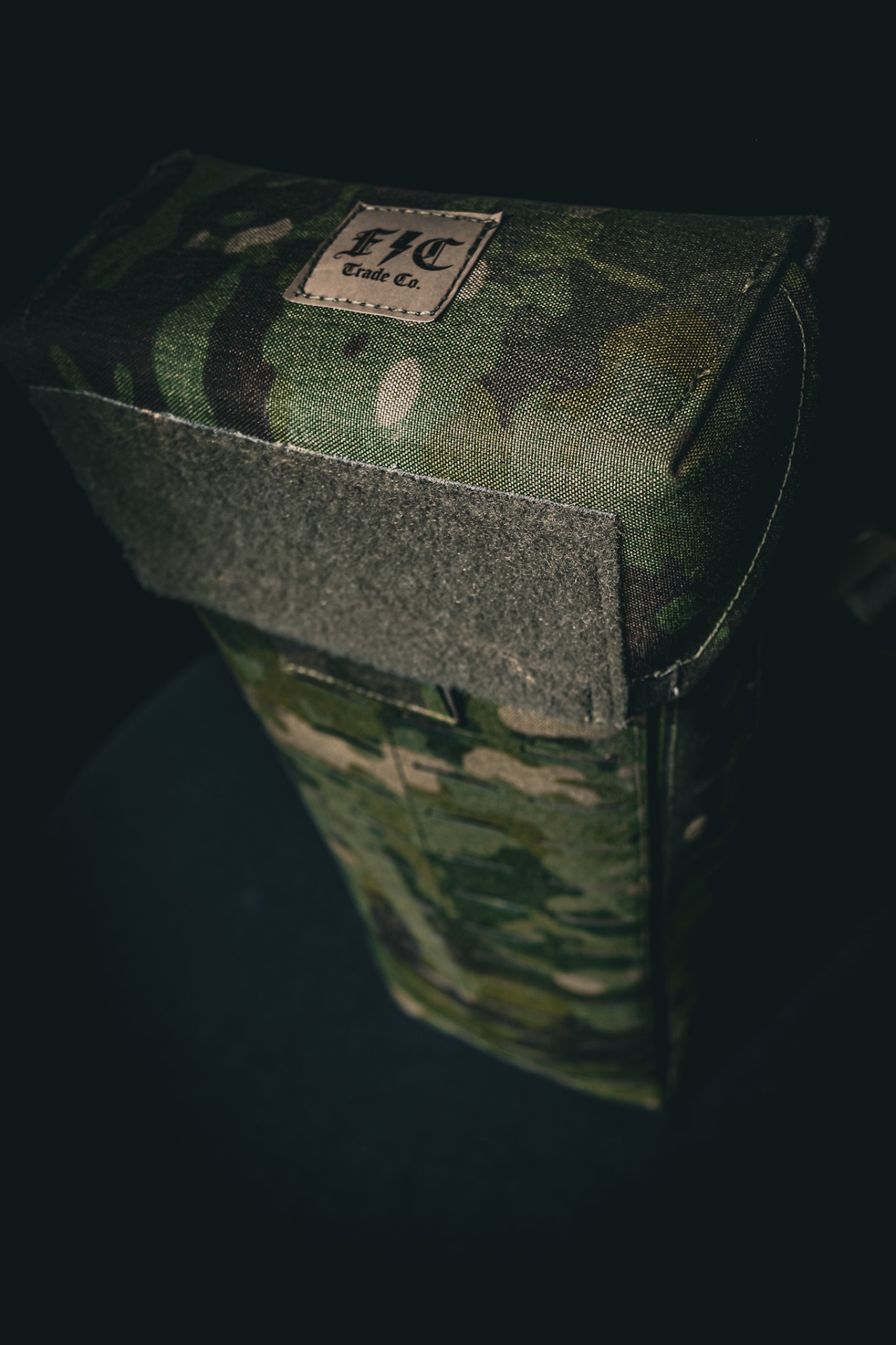 Top-down view of the bag's hook-and-loop closure and FTC patch